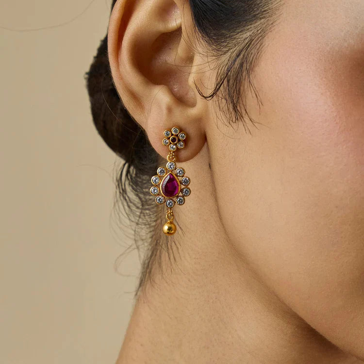 92.5 Silver Gold-Plated Drop Earrings with Pink Stones and White Zircons