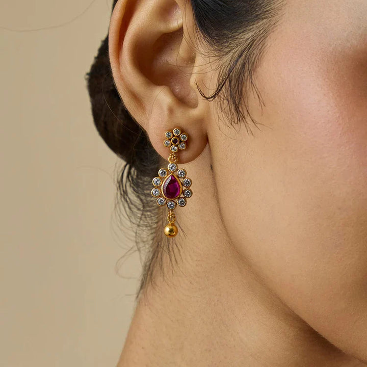 92.5 Silver Gold-Plated Drop Earrings with Pink Stones and White Zircons