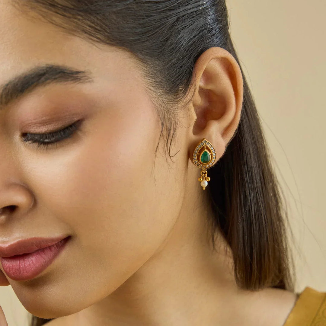 92.5 Silver Gold-Plated earrings featuring Green Spinal and Zircon stones: