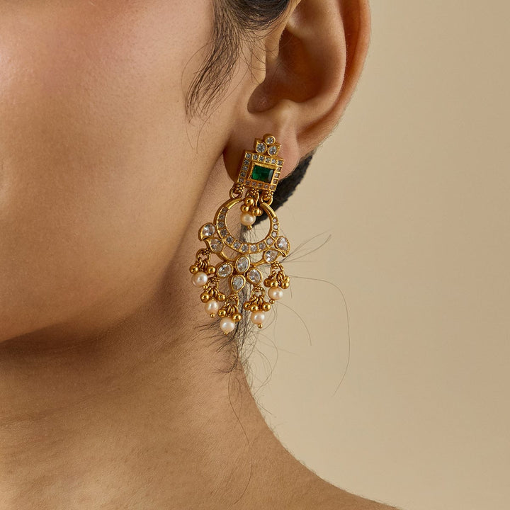 92.5 Pure Silver Chandbali Earring With Green Stone And  Dangling Beads And Pearls