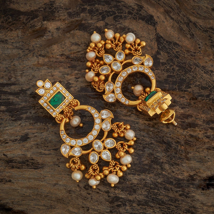 92.5 Pure Silver Chandbali Earring With Green Stone And  Dangling Beads And Pearls
