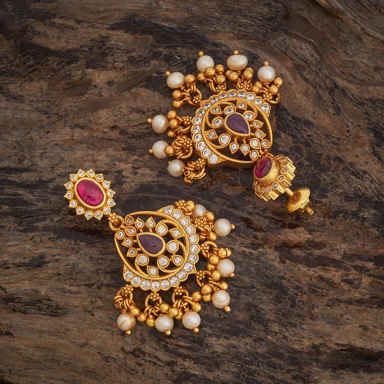 92.5 Sterling Silver Gold Plated Chandbali Earrings with Pink Stones, White Zirconia, and Pearl Droplets| SHOBITAM