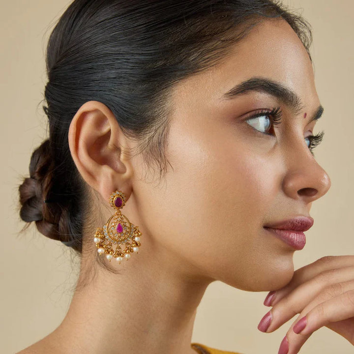 92.5 Sterling Silver Gold Plated Chandbali Earrings with Pink Stones, White Zirconia, and Pearl Droplets| SHOBITAM