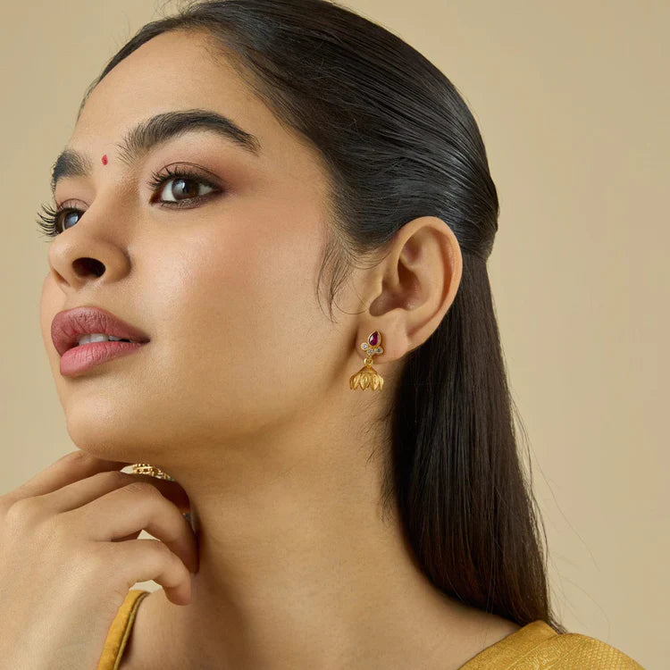 92.5 Sterling Silver Gold-Plated Jhumka Earrings with Pink Spinal and White Zircon Stones