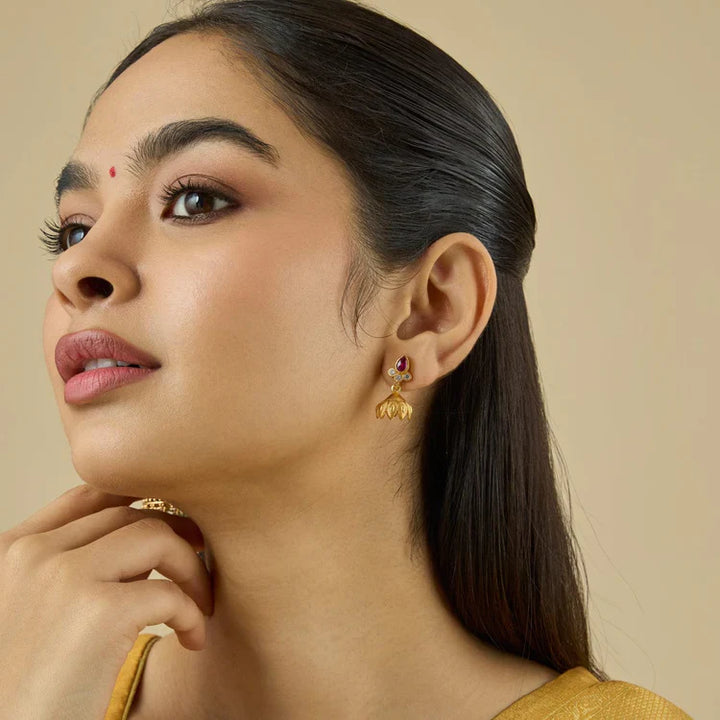 92.5 Sterling Silver Gold-Plated Jhumka Earrings with Pink Spinal and White Zircon Stones