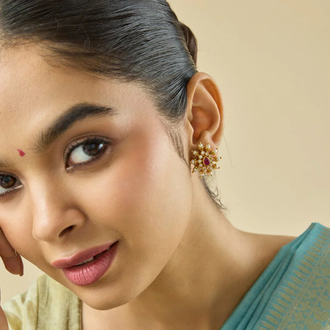 Pure 92.5 Silver Gold Plated Silver Temple Earring