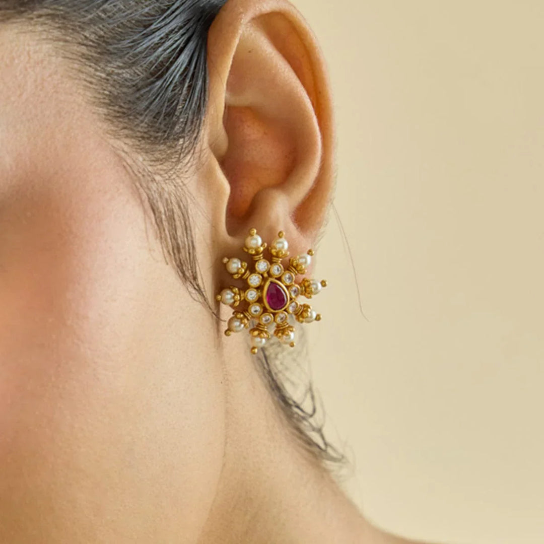 Pure 92.5 Silver Gold Plated Silver Temple Earring