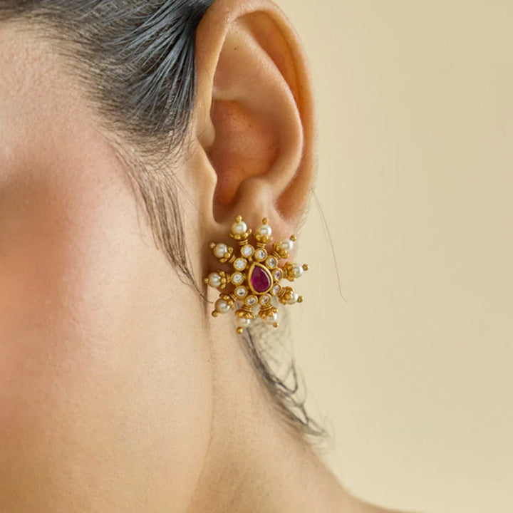 Pure 92.5 Silver Gold Plated Silver Temple Earring