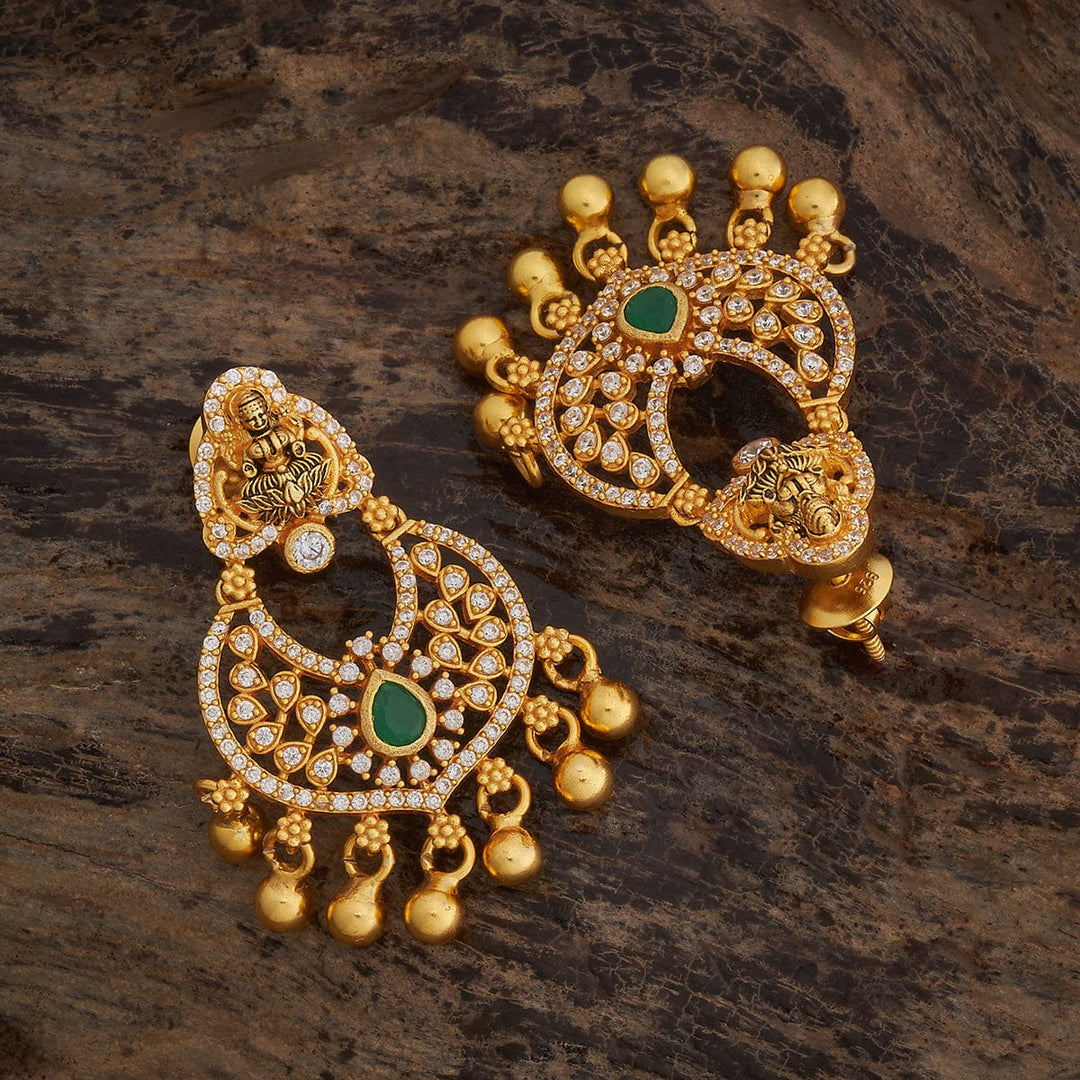 Pure 92.5 Silver Gold-Plated Divine Lakshmi Temple Art Chandbali Earrings with Gemstone Detailing