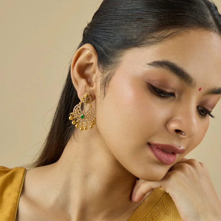 Pure 92.5 Silver Gold-Plated Divine Lakshmi Temple Art Chandbali Earrings with Gemstone Detailing