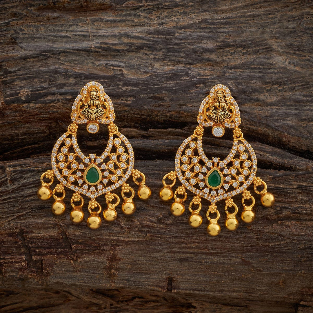 Pure 92.5 Silver Gold-Plated Divine Lakshmi Temple Art Chandbali Earrings with Gemstone Detailing