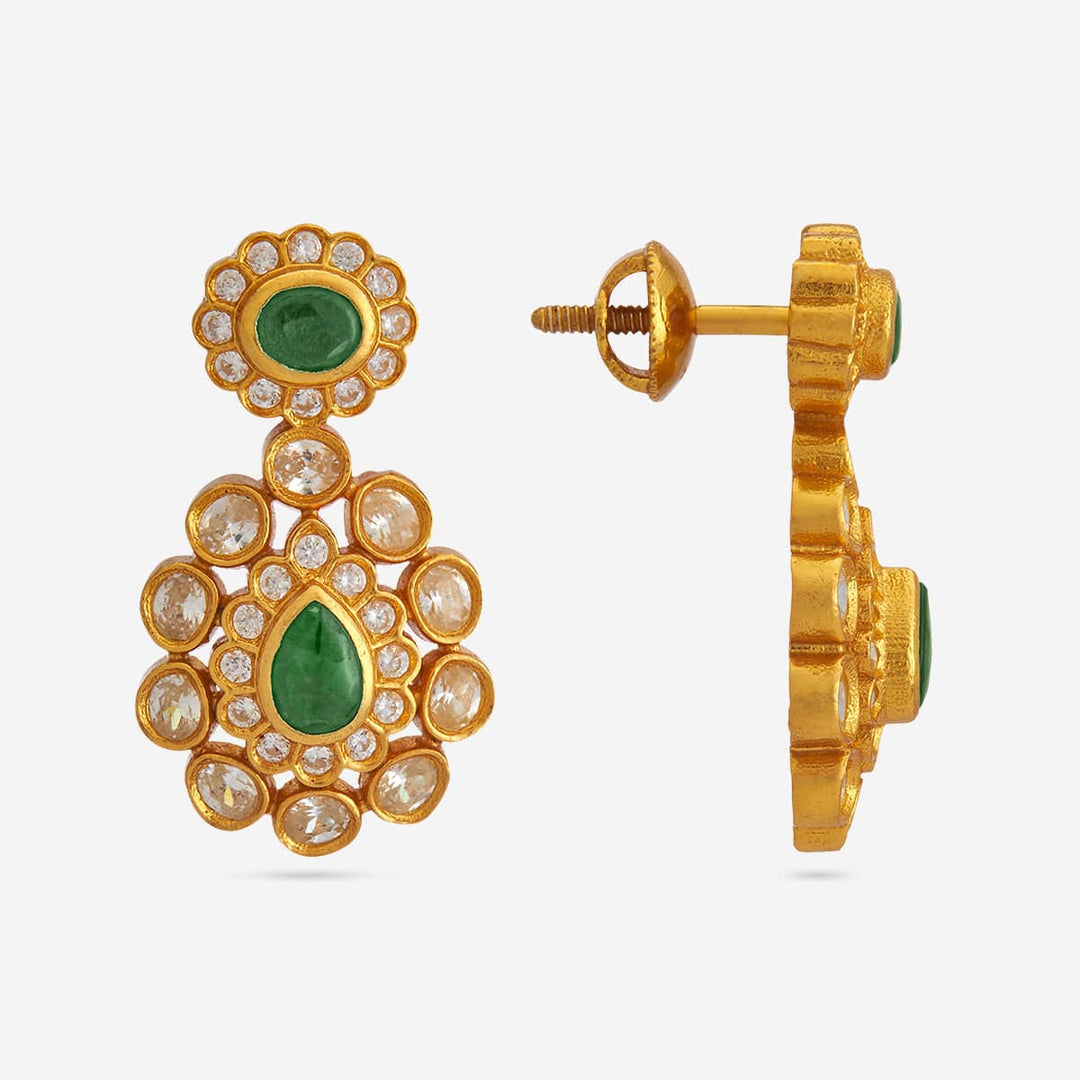 Pure 92.5 Silver Gold Plated Temple Earrings With Emerald Green and Polki Stones