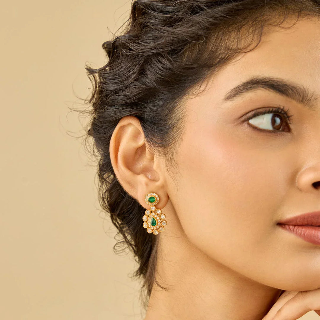 Pure 92.5 Silver Gold Plated Temple Earrings With Emerald Green and Polki Stones