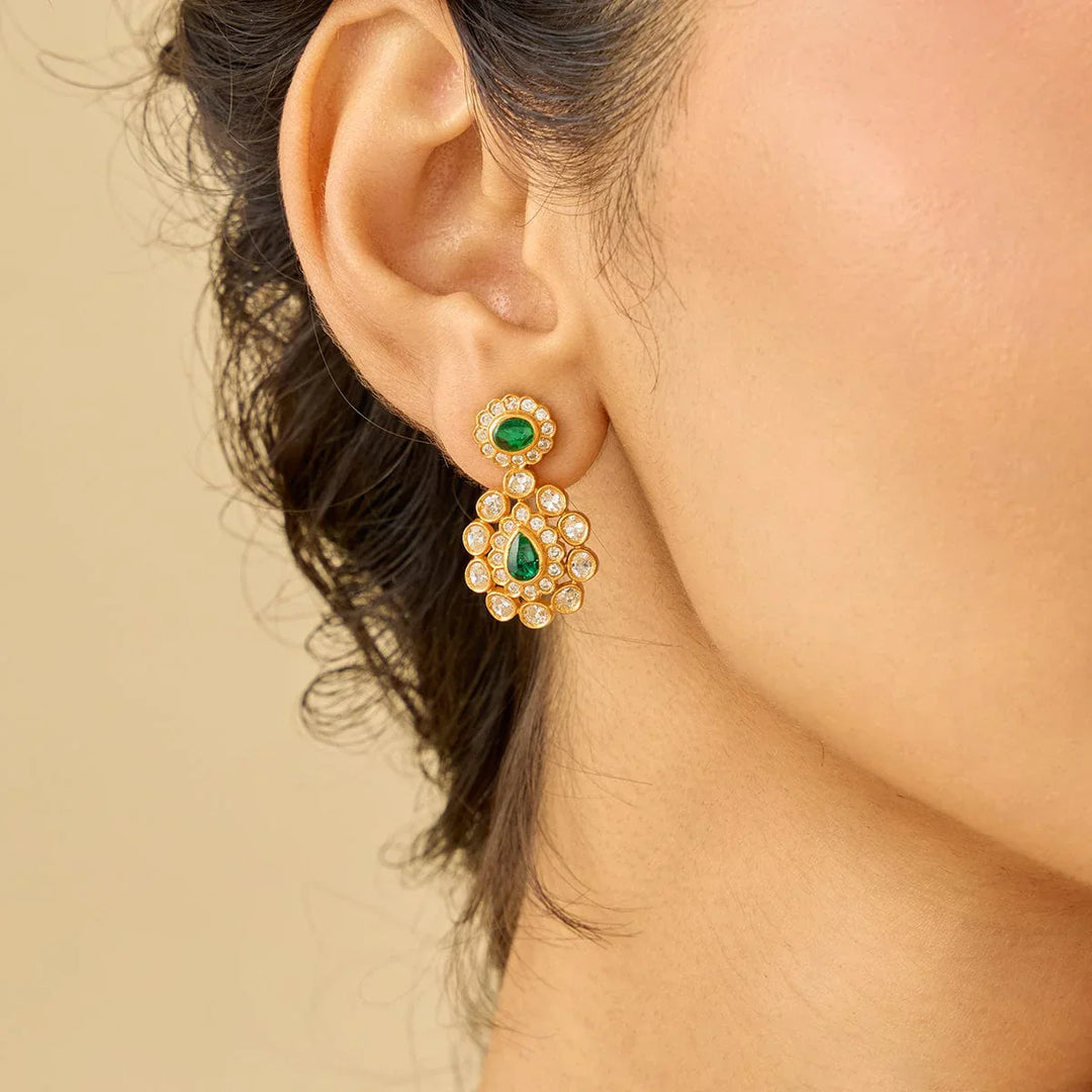 Pure 92.5 Silver Gold Plated Temple Earrings With Emerald Green and Polki Stones