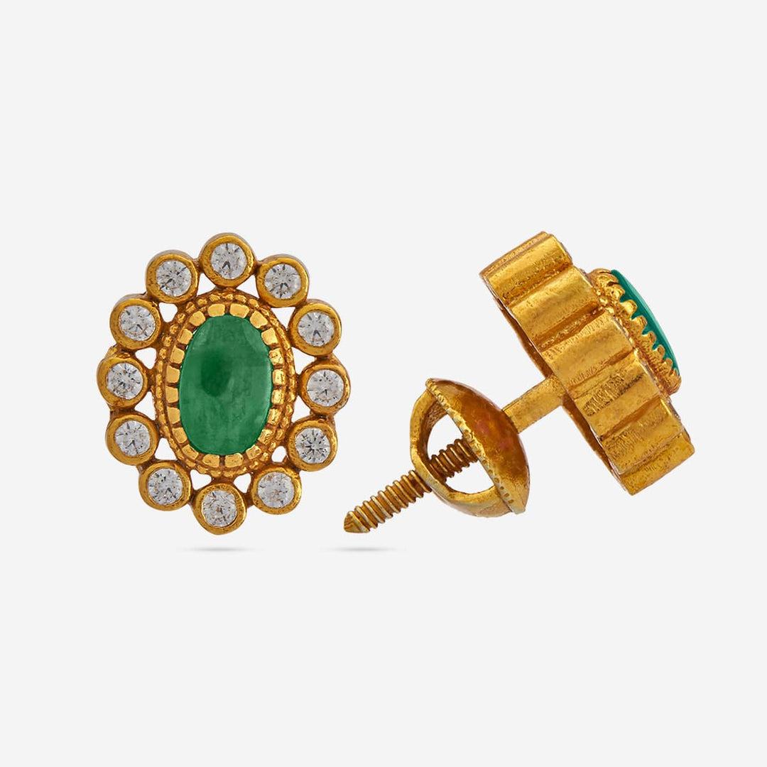 Pure 92.5 Silver Gold Plated Green Stone With Stud Earrings