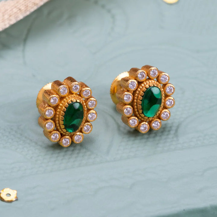 Pure 92.5 Silver Gold Plated Green Stone With Stud Earrings