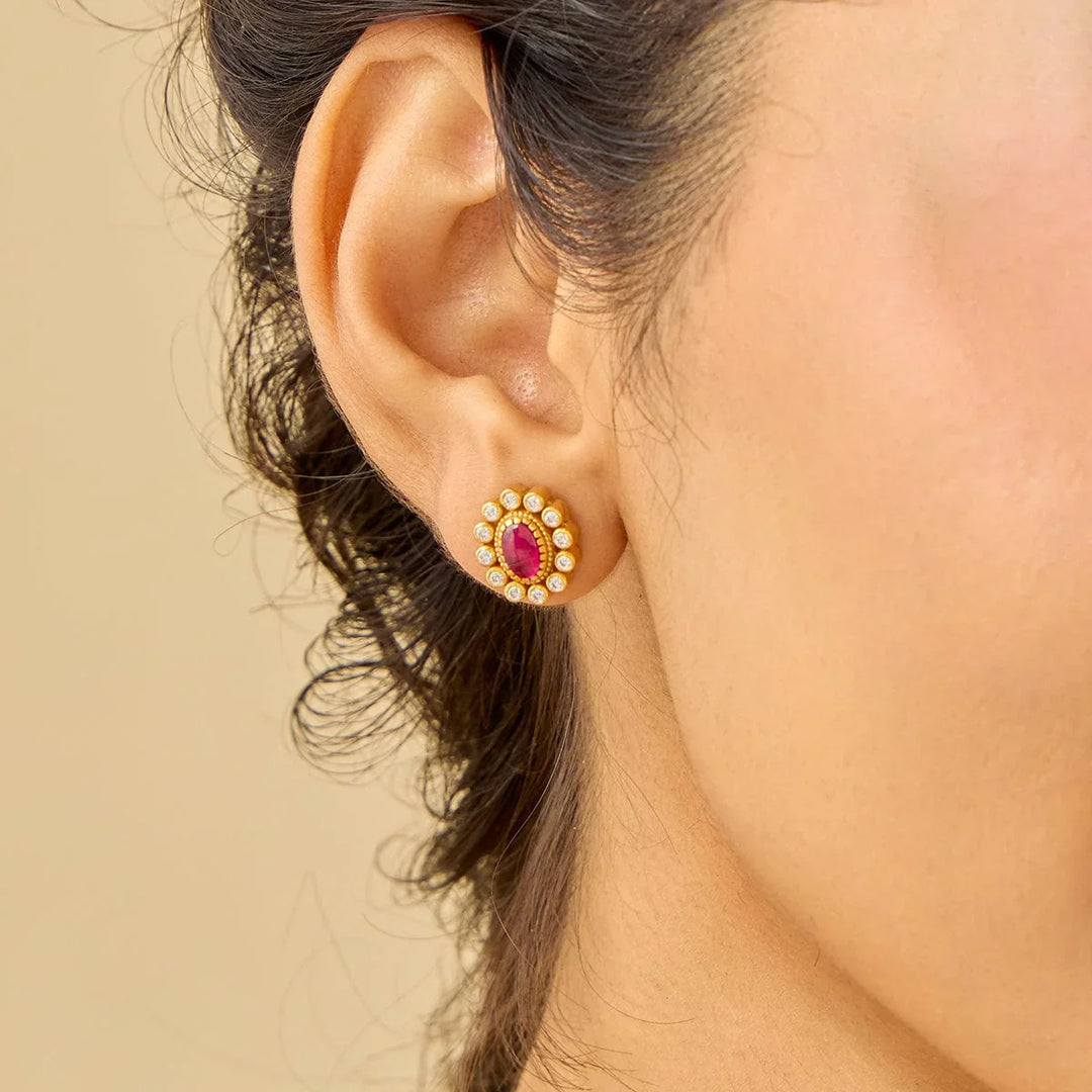 Pure 92.5 Silver Gold Plated Stud Earrings with Pink and White Stone accents