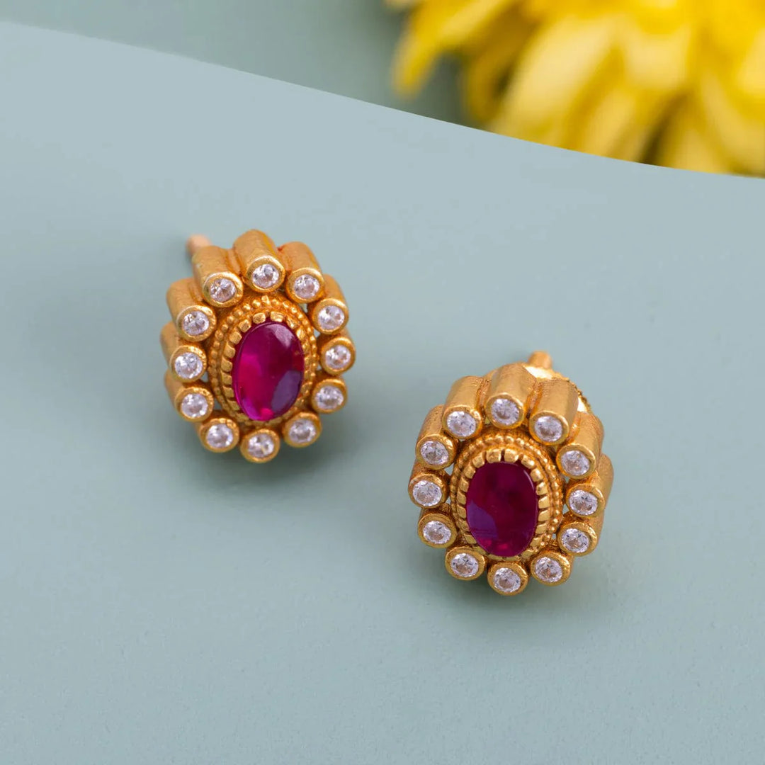 Pure 92.5 Silver Gold Plated Stud Earrings with Pink and White Stone accents