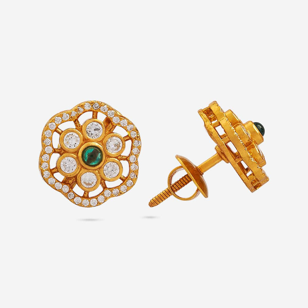 Pure 92.5 Silver Gold Plated Floral Stud Earrings With Green Stone In Center