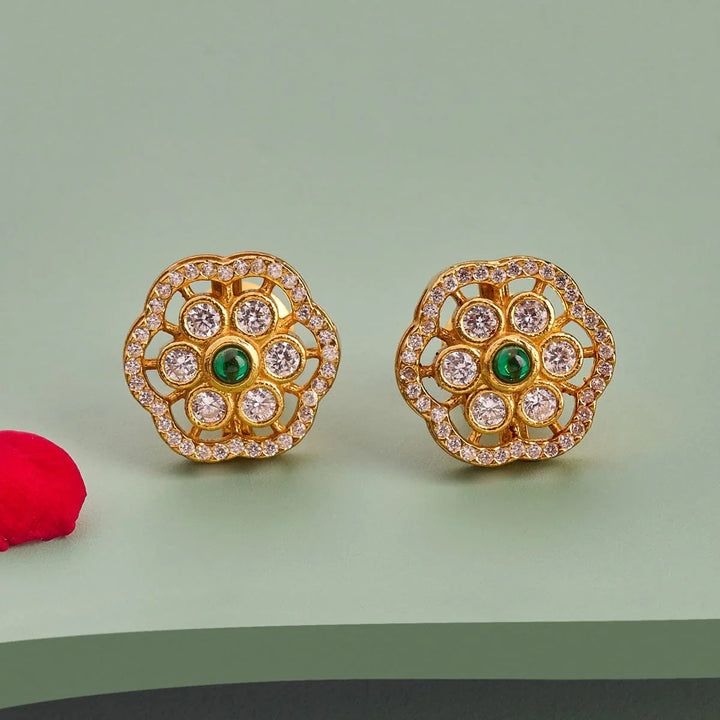 Pure 92.5 Silver Gold Plated Floral Stud Earrings With Green Stone In Center