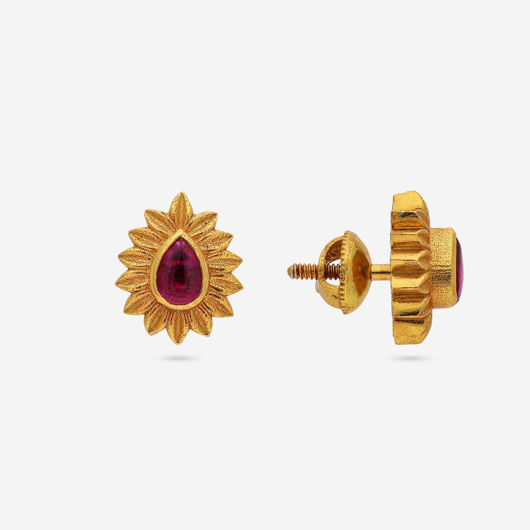 Pure 92.5 Silver Gold Plated Sunburst Ruby Teardrop Stud Earring | SHOBITAM