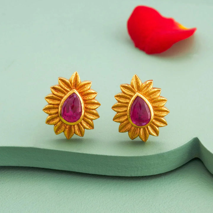 Pure 92.5 Silver Gold Plated Sunburst Ruby Teardrop Stud Earring | SHOBITAM