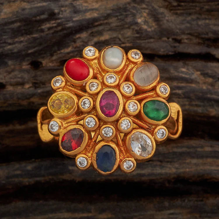 92.5 Sterling Silver Gold-Plated Navratna Ring with Multi-Gemstone Accents