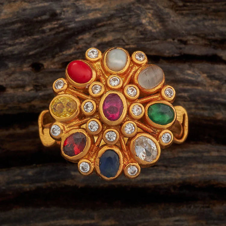 92.5 Sterling Silver Gold-Plated Navratna Ring with Multi-Gemstone Accents