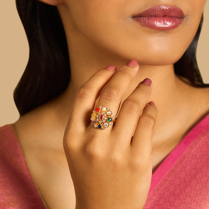 92.5 Sterling Silver Gold-Plated Navratna Ring with Multi-Gemstone Accents