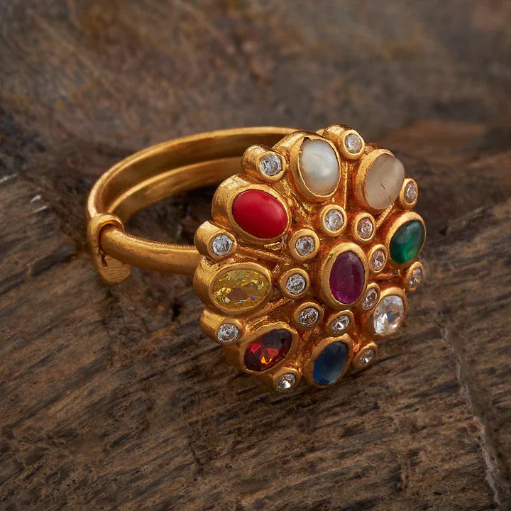 92.5 Sterling Silver Gold-Plated Navratna Ring with Multi-Gemstone Accents