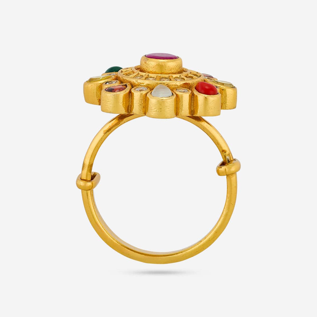 Pure 92.5 Silver Gold Plated Adjustable Colorful Gemstone Navaratna Ring in Floral Design