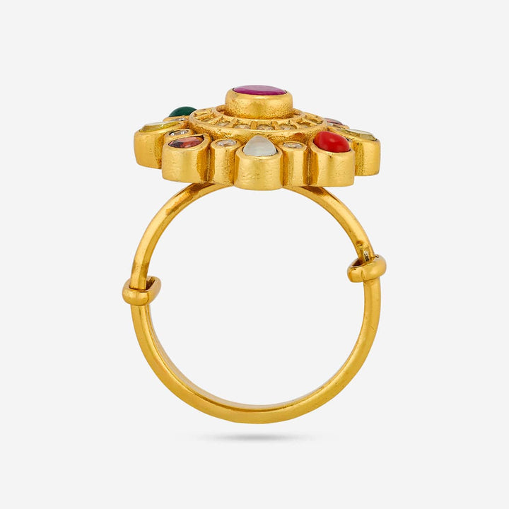Pure 92.5 Silver Gold Plated Adjustable Colorful Gemstone Navaratna Ring in Floral Design