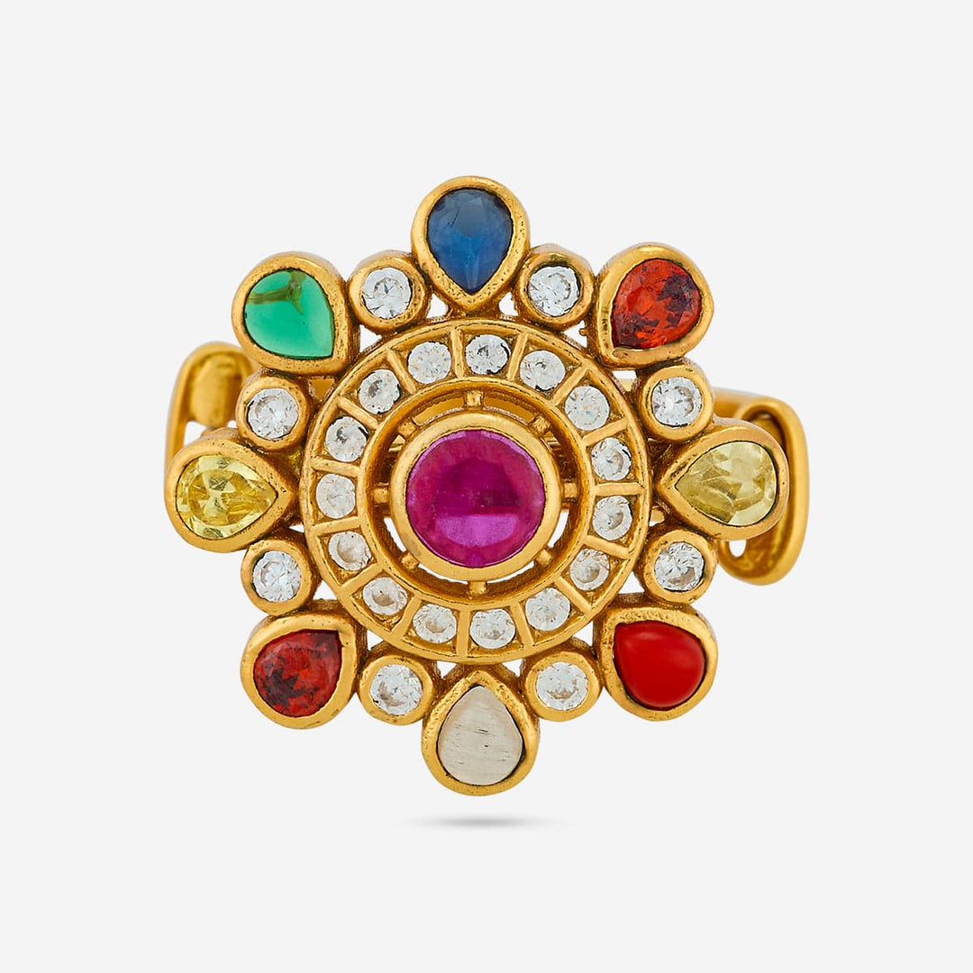 Pure 92.5 Silver Gold Plated Adjustable Colorful Gemstone Navaratna Ring in Floral Design