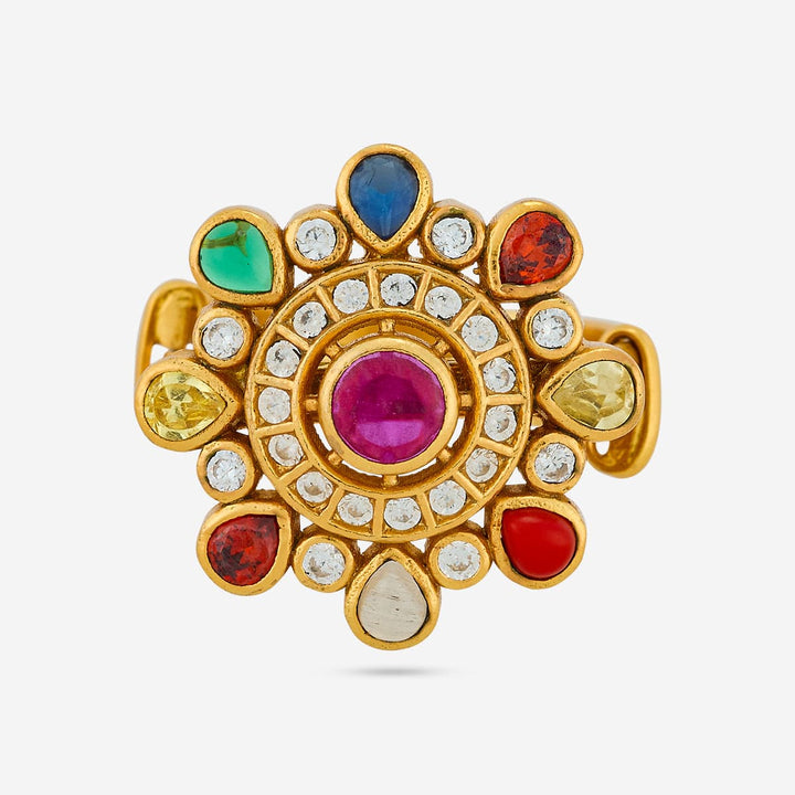 Pure 92.5 Silver Gold Plated Adjustable Colorful Gemstone Navaratna Ring in Floral Design
