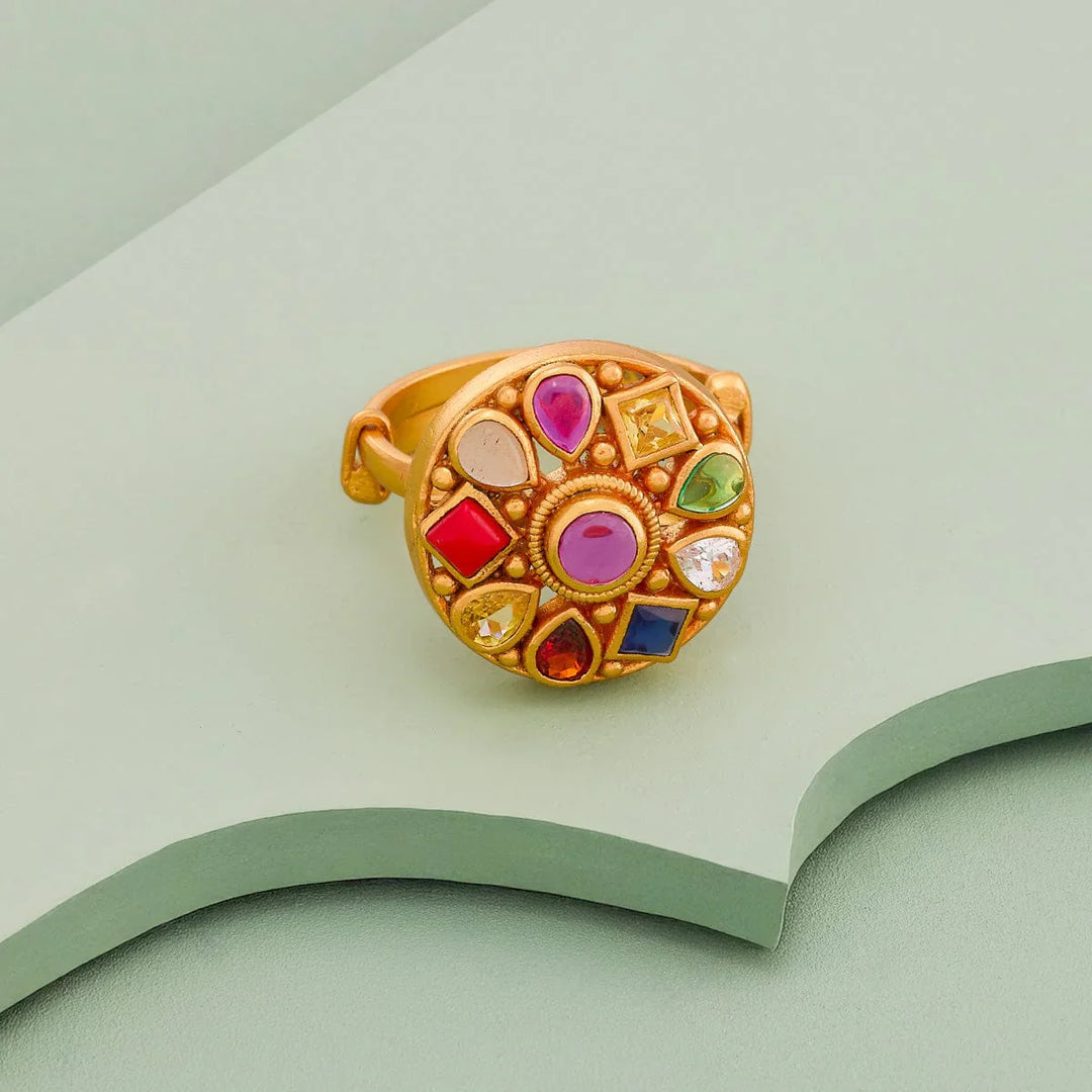 Pure 92.5 Silver Gold Plated Adjustable Colorful Gemstone Navaratna Ring in Floral Design