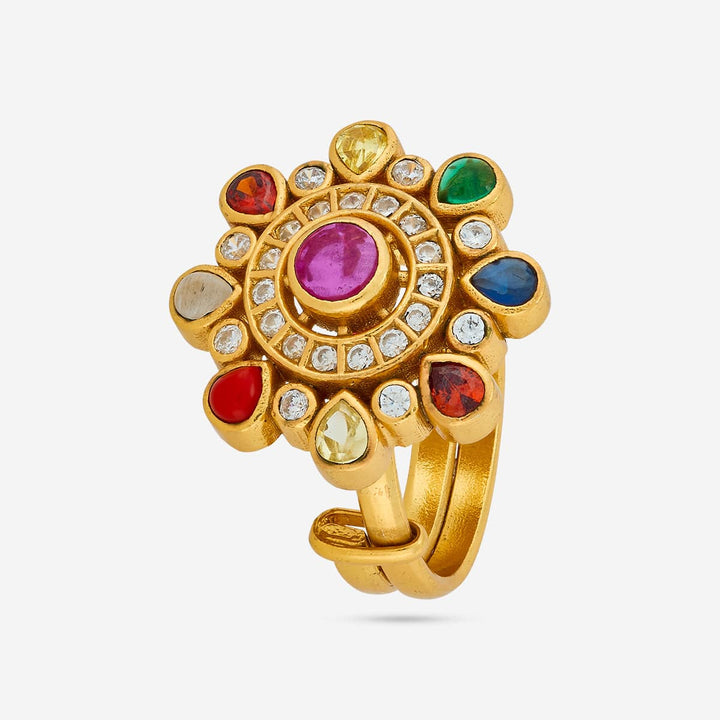 Pure 92.5 Silver Gold Plated Adjustable Colorful Gemstone Navaratna Ring in Floral Design
