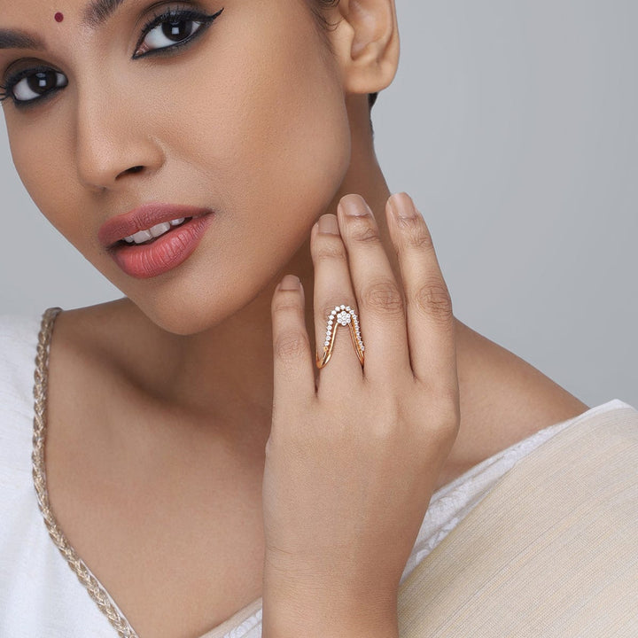 Pure 92.5 Silver, Gold-Plated Floral Motif Finger Ring with CZ Accents