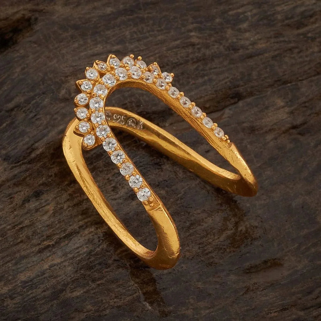 Pure 92.5 Silver, Gold-Plated Traditional Neli Finger Ring with White CZ Stones