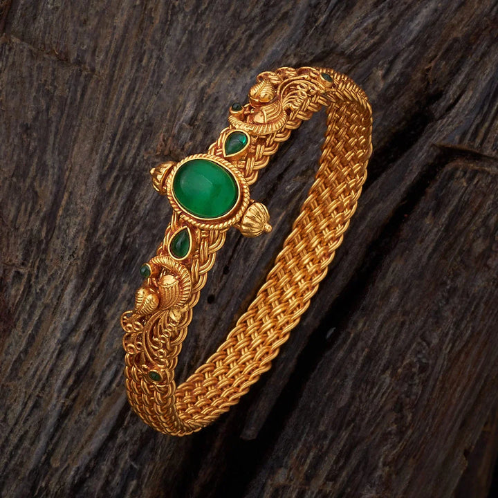 92.5 Pure Silver Peacock Motifs Temple Kada With Green Stone-Single Piece