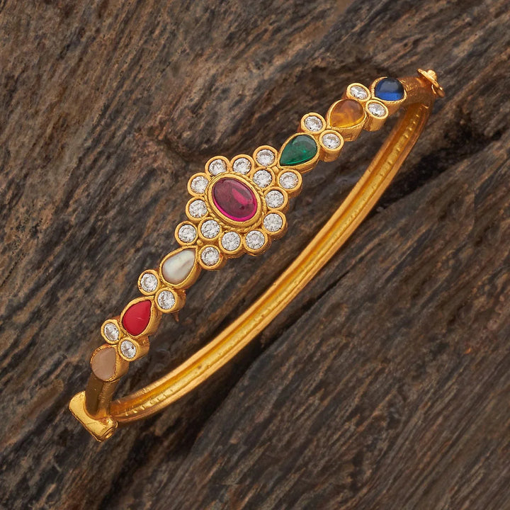 92.5 Pure Silver Temple Kada With Navratna Stone
