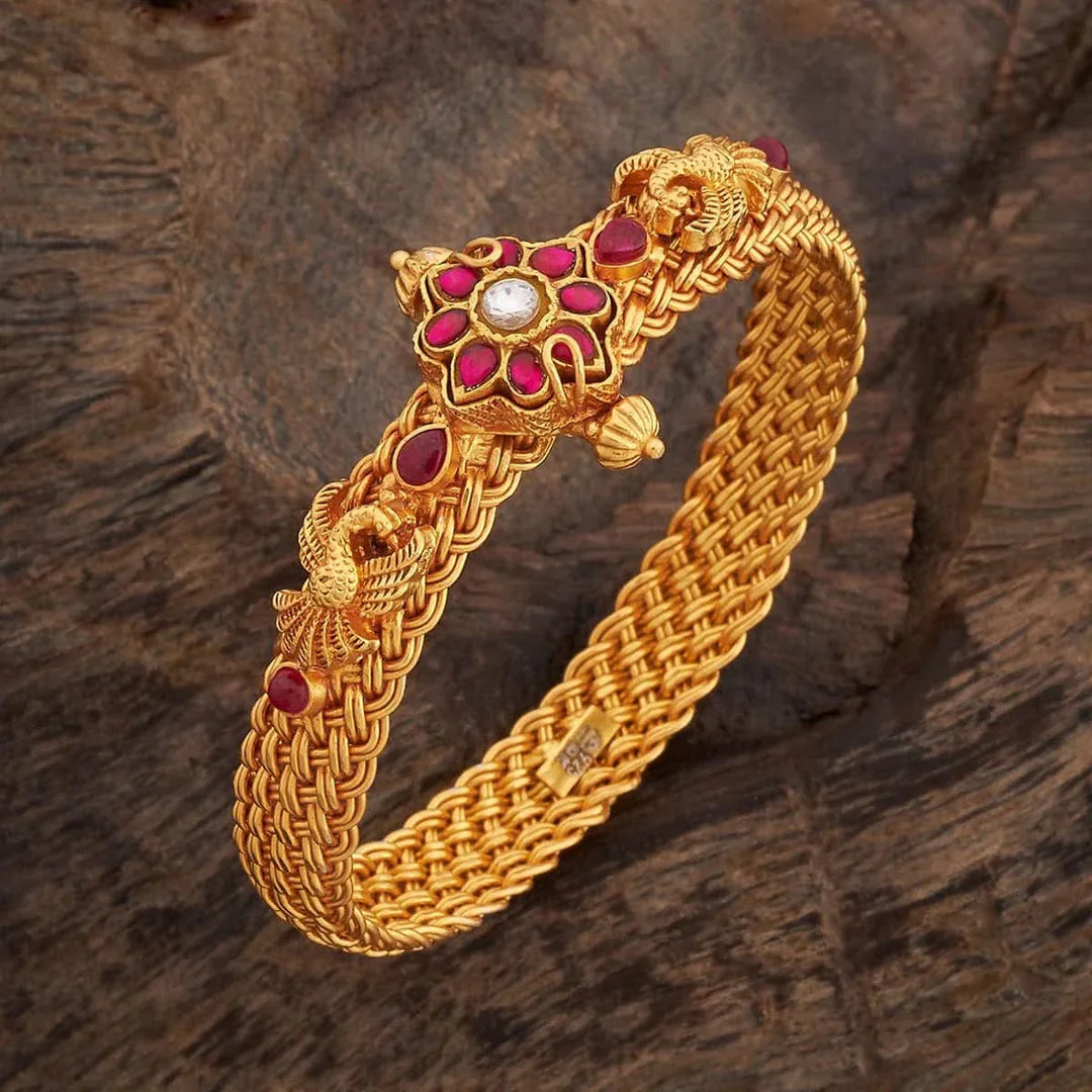 92.5 Pure Silver Floral And Peacock Motifs Temple Kada With Red Stone-Single Piece