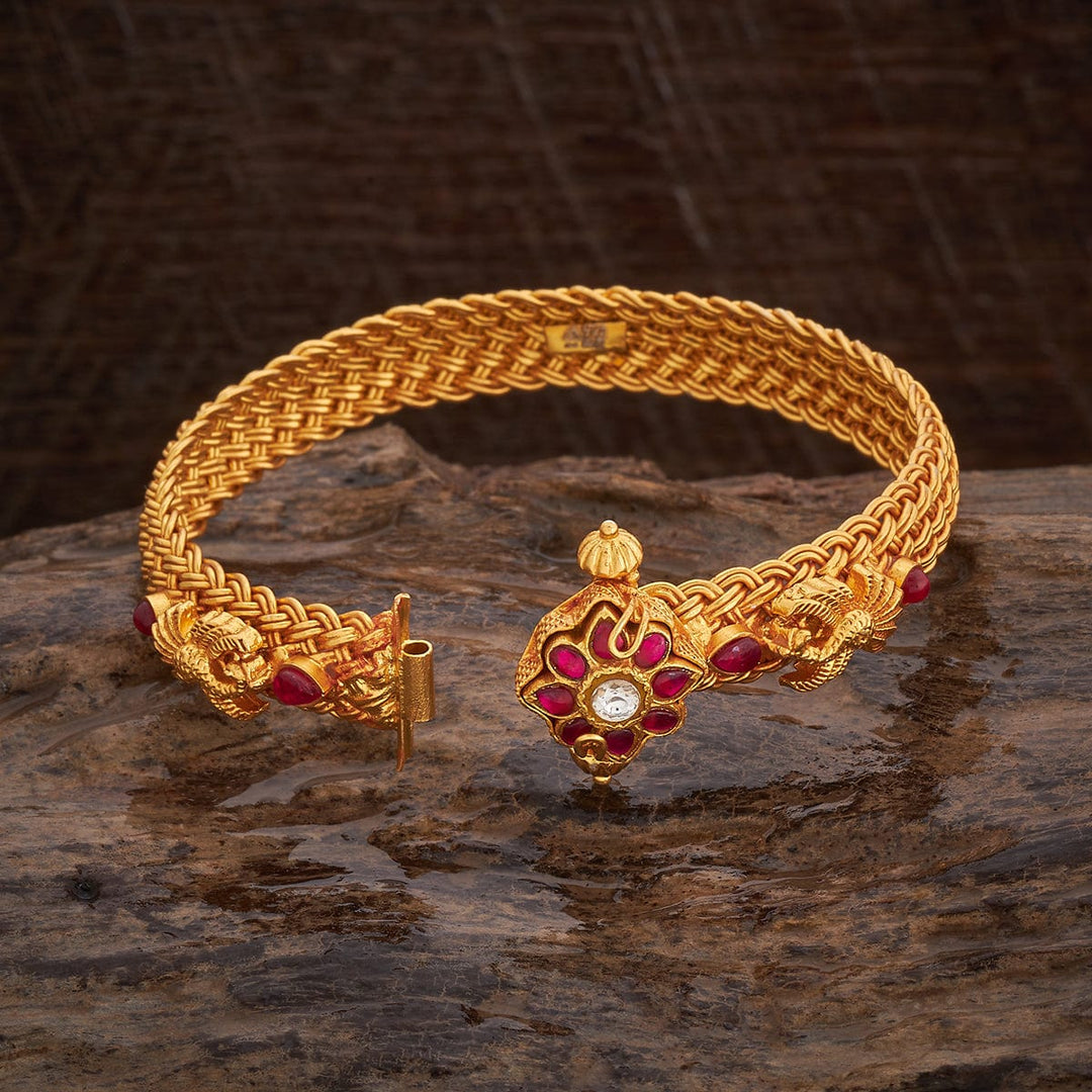 92.5 Pure Silver Floral And Peacock Motifs Temple Kada With Red Stone-Single Piece