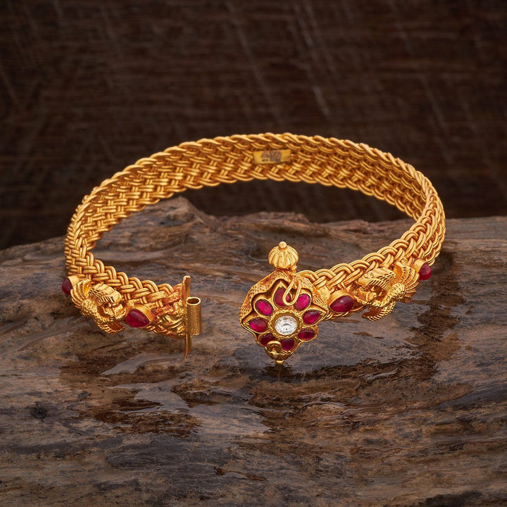 92.5 Pure Silver Floral And Peacock Motifs Temple Kada With Red Stone-Single Piece