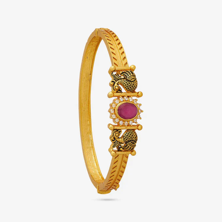 92.5 Pure Silver Gold-Plated Peacock Motifs Temple Kada With Cz Stone