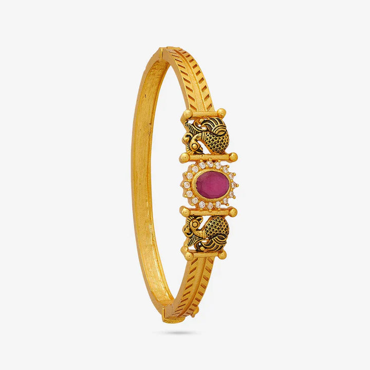92.5 Pure Silver Gold-Plated Peacock Motifs Temple Kada With Cz Stone