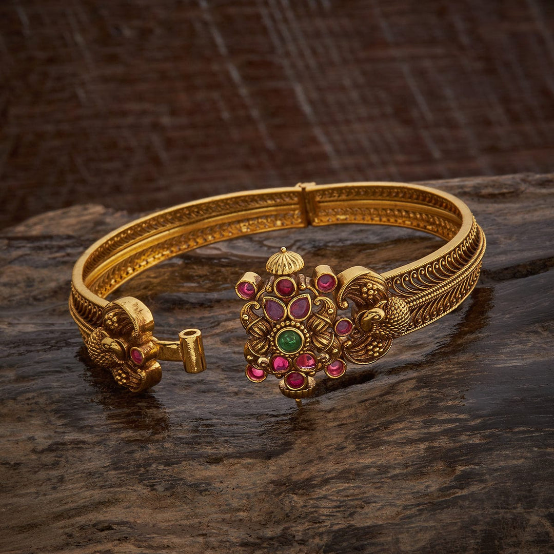 92.5 Pure Silver Floral And Peacock Design Temple Kada With Red-Green Stone-Single Piece