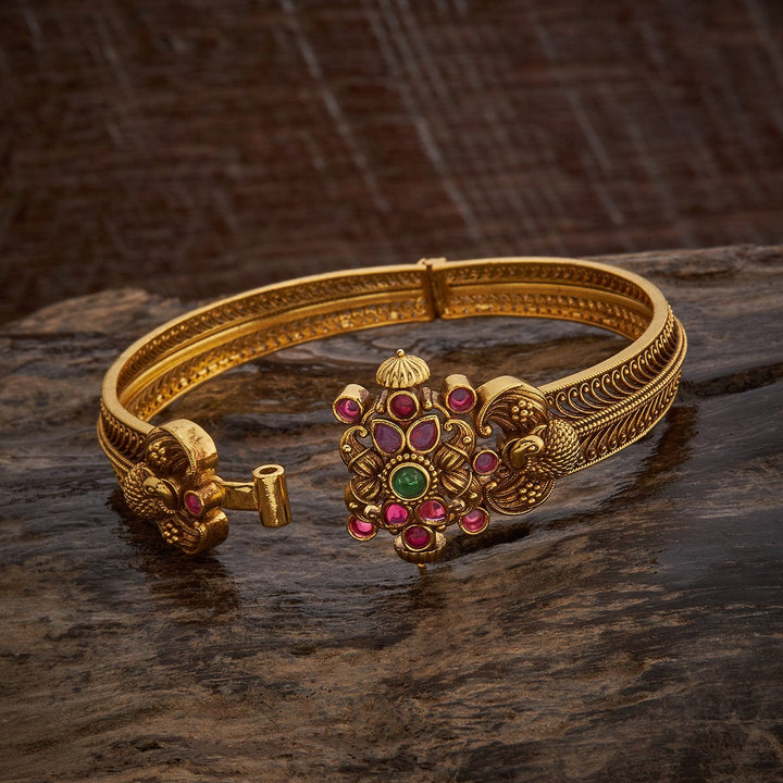 92.5 Pure Silver Floral And Peacock Design Temple Kada With Red-Green Stone-Single Piece