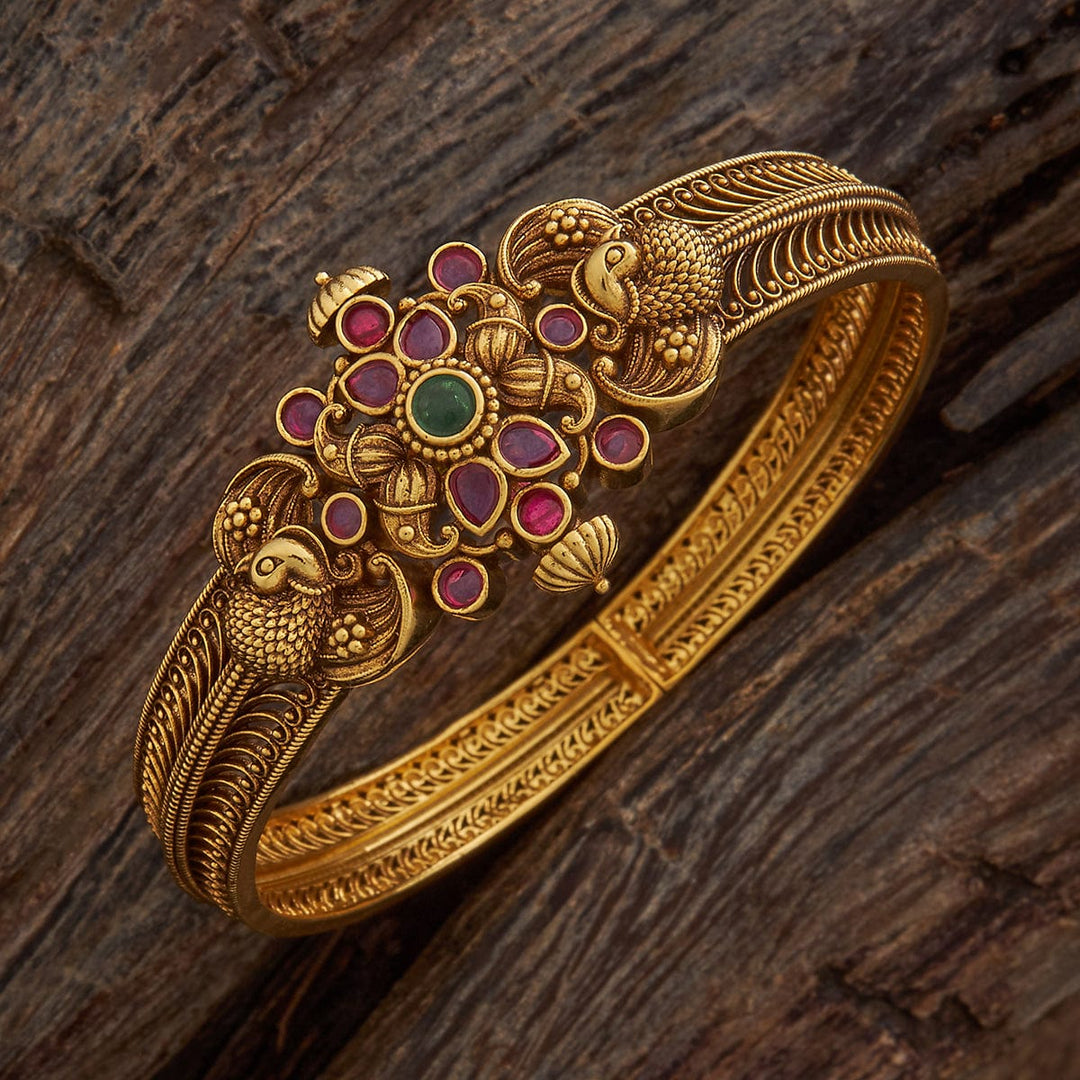 92.5 Pure Silver Floral And Peacock Design Temple Kada With Red-Green Stone-Single Piece