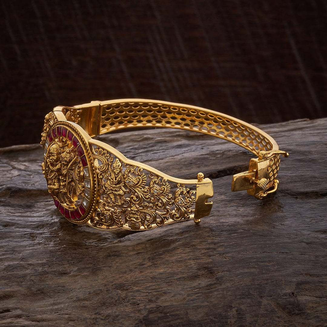 92.5 Pure Silver Radha and Krishna Temple Kada With Red-white Stones -Single Piece
