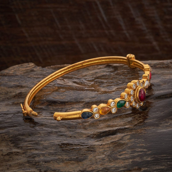 92.5 Pure Silver Temple Kada With Navratna Stone